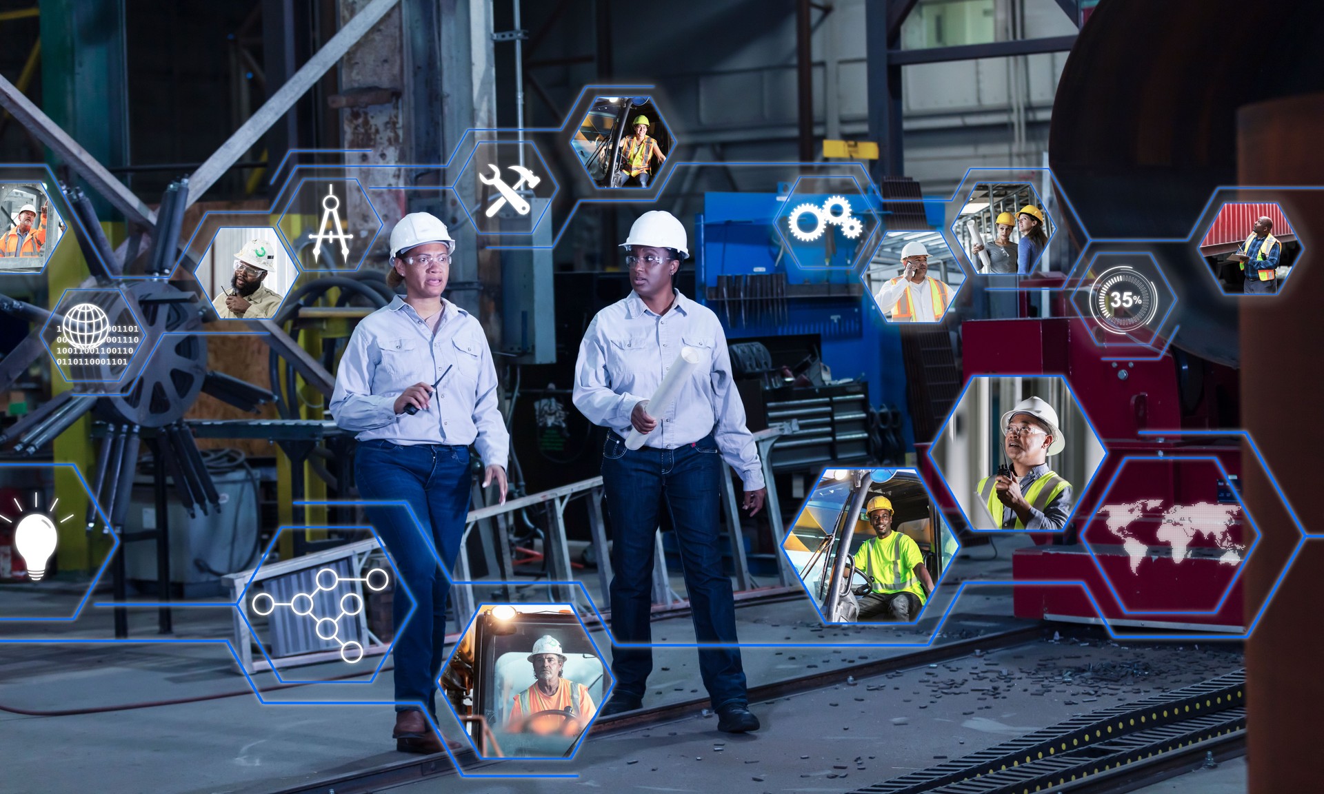 Two multiracial women engineers, global manufacturing